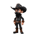 cow boy, old boots, black cowboy hat, old black capuchin, black masked, looking right, high quality