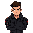 tall, athletic build. dark brown, slightly messy hair with an undercut. sharp green eyes with a permanent scowl. wears a black tactical jacket with red aegis insignia, reinforced armored gloves, and a