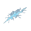 a crackling bolt of blue-white lightning, sharp and jagged, with arcs of electricity sparking off its edges. the main body of the projectile is a thin line of energy, surrounded by smaller arcs, givin