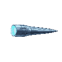 a sleek, elongated metallic projectile, streamlined and with a futuristic design. it has a glowing core with an intense blue or white light at the tip. the surface should have a slightly reflective me