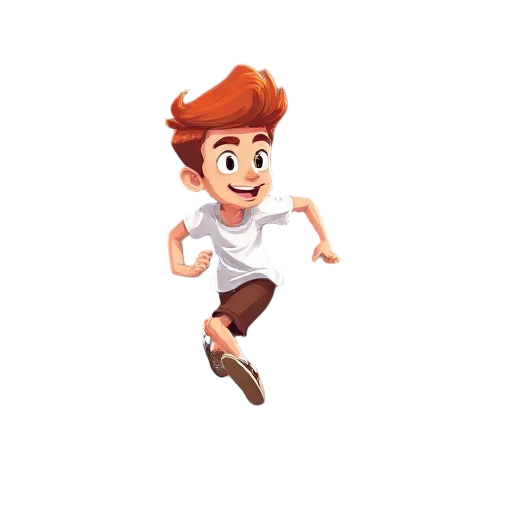 ---  uma jovem de aparência vibrante corre em ritmo acelerado, o corpo projetado para frente com energia. seu cabelo curto e vermelho, levemente desalinhado pelo vento, balança em movimentos rápidos, acompanhando o compasso de suas passadas. as expressões