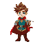 a hero knight, spiky brown hair, bright blue eyes and fair skin. he would wear a blue-green tunic with gold details, brown pants, leather boots and a flowing red cape. he would carry a silver sword in