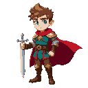 hero a hero knight, spiky brown hair, bright blue eyes and fair skin. he would wear a blue-green tunic with gold details, brown pants, leather boots and a flowing red cape. he would carry a silver swo