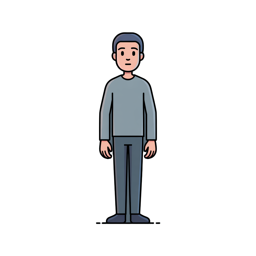 create a simple character in 8 directions (front, back, left, right, and the 4 diagonals). the character should have a minimalist design, wearing basic clothing (plain shirt and pants), no armor or accessories. palette: neutral colors (grays, muted blues 