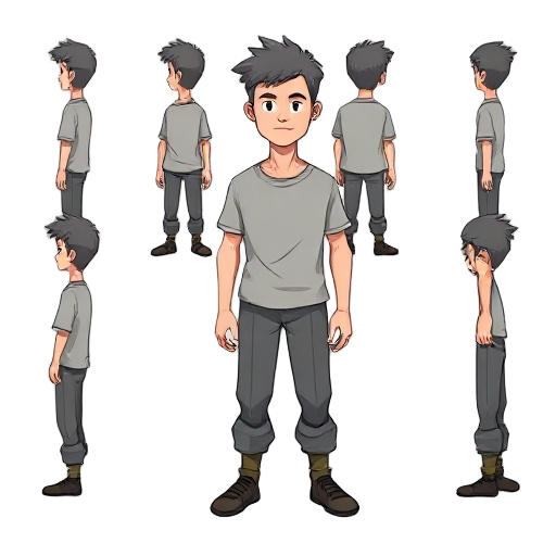 create a simple character in 8 directions (front, back, left, right, and the 4 diagonals). the character should have a minimalist design, wearing basic clothing (plain shirt and pants), no armor or accessories. palette: neutral colors (grays, muted blues 