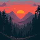 view from the forest to the mountains with a red sunset