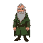 a bearded gray-haired old man in a green cloak with rivets