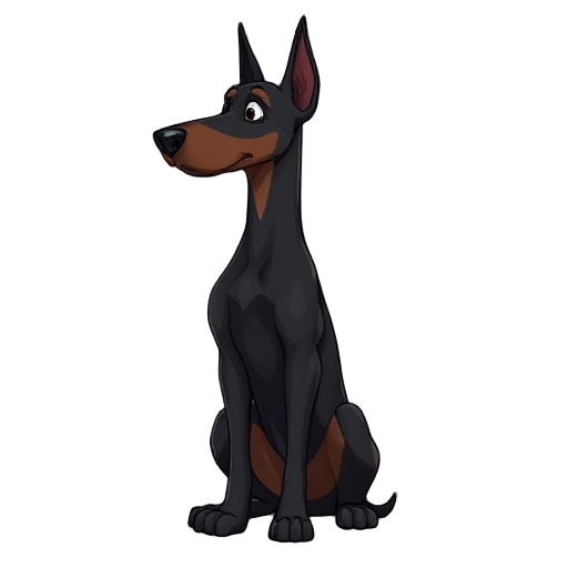 a dark doberman dog sits in profile looking into the distance
