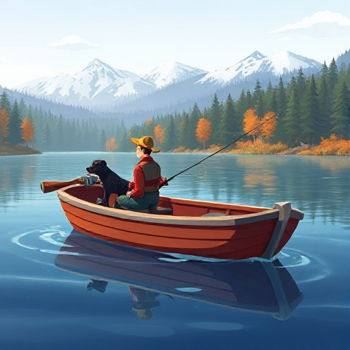 a motorboat on a lake, turned to the right, a fisherman with a fishing rod is sitting in it. to his right is a dark dog. autumn forest is around. in the distance, beyond the forest, snowy mountains.
