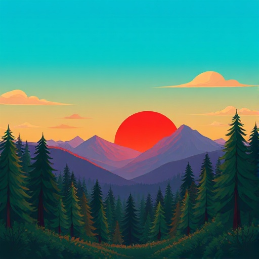 view from the forest to the mountains with a red sunset