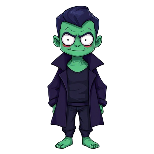 a human body with a slime face , wearing dark purple coat and a tight pajama black , (front left view)