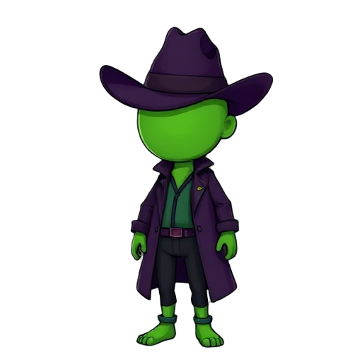 a human body with a green round shaped face , with nothing in the face but dark purple almost black cowboy hat, legs hidden, hands are color green and thin , wearing dark purple coat and a tight pajama black , (front left view)