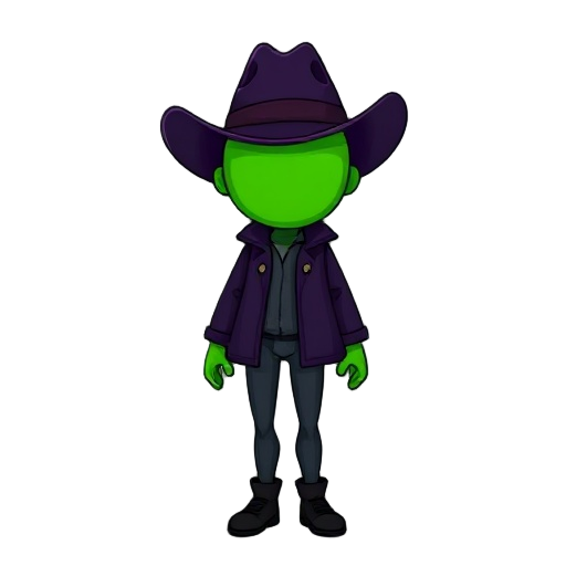 a human body with a green round shaped face , with nothing in the face but dark purple almost black cowboy hat, legs , hands are color green and thin , wearing dark purple coat and a tight pajama black , black shoes (front left view)