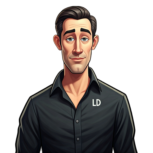 a man with a black blouse. initials on the blouse ld written 