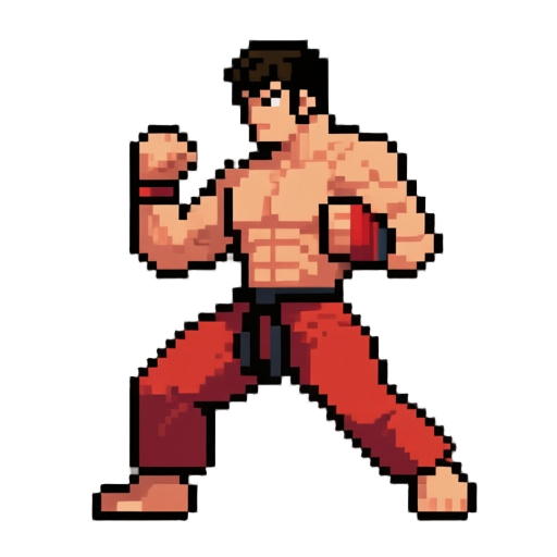 64x64 pixel art fighting game sprite, 1990s arcade style, heavy pixelation, low resolution sprite, limited color palette, strong pixel clusters, hard edges, no anti-aliasing, no gradients.  muscular male fighter in a combat stance, inspired by classic kin