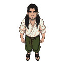 a middle-aged man, long black hair just past his shoulders, light and thin skin tone, relaxed face and expression, medieval prisoner's clothing, white shirt, long green pants, and black cloth shoes