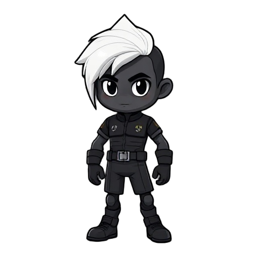 pose de pé, cego preto, cabelo branco espetado, uniforme preto. fundo transparente. detalhes icônicos, proporções de jogo retrô.