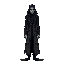 a pixel art character in victorian gothic horror style, designed for a side-scrolling 2d game. the character is a tall, mysterious figure wearing a long, tattered coat with intricate embroidery, a dar
