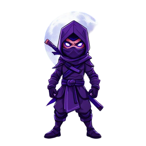 a ninja wearing a detailed purple outfit, face covered by a mask, glowing eyes, and a combat stance, surrounded by an intense luminous aura in shades of purple and blue, radiating magical energy and sparkling particles in the air, nighttime setting with a