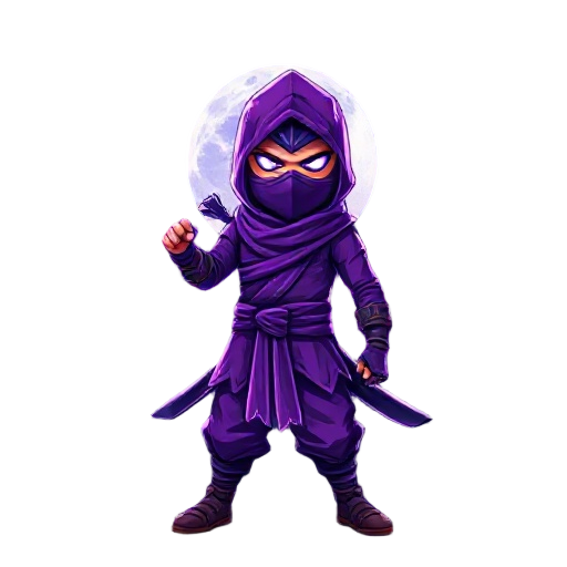 a ninja wearing a detailed purple outfit, face covered by a mask, glowing eyes, and a combat stance, surrounded by an intense luminous aura in shades of purple and blue, radiating magical energy and sparkling particles in the air, nighttime setting with a