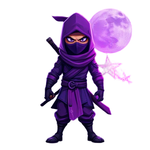 a ninja wearing a detailed purple outfit, face covered by a mask, glowing eyes, and a combat stance, surrounded by an intense luminous aura in shades of purple and blue, radiating magical energy and sparkling particles in the air, nighttime setting with a