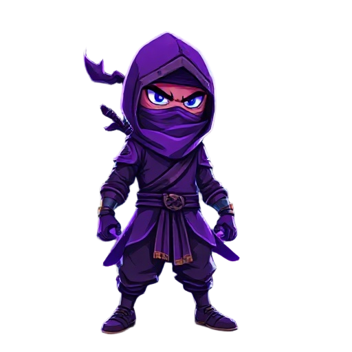 a ninja wearing a detailed purple outfit, face covered by a mask, glowing eyes, and a combat stance, surrounded by an intense luminous aura in shades of purple and blue, radiating magical energy and sparkling particles in the air, nighttime setting with a