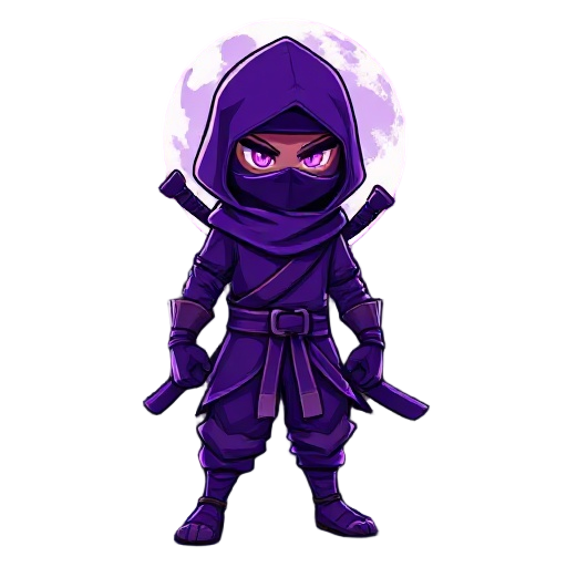 a ninja wearing a detailed purple outfit, face hidden behind a mask, with glowing eyes and a dynamic combat stance. surrounded by an intense, luminous aura in shades of purple and blue, radiating magical energy and sparkling particles in the air. nighttim