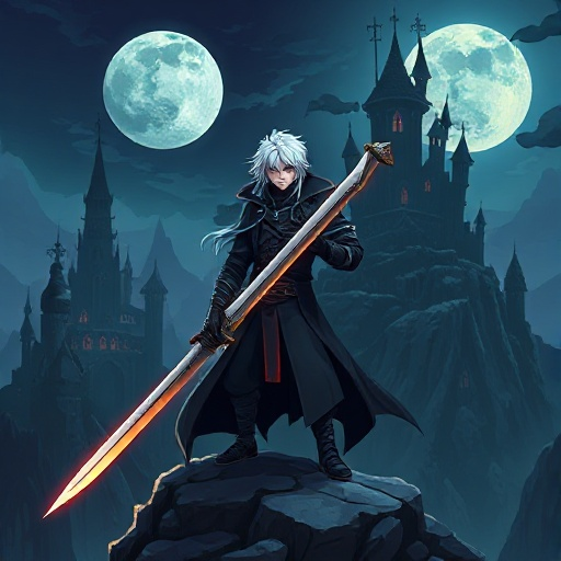 game icon in swordigo style. white-haired warrior with dark coat on ruined cliff. gothic vampire world, castles, full moon, glowing sword. semi-cartoon 2.5d, dramatic lighting.