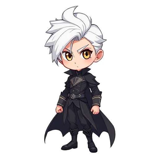 a strong, refined male character with white hair and light brown eyes, designed for a 2d platformer vampire world. he has a powerful build, elegant posture, and finely detailed features. his outfit bl