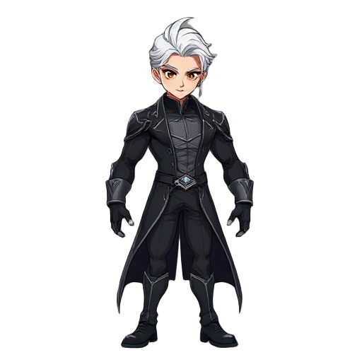a strong, refined male character with white hair and light brown eyes, designed for a 2d platformer vampire world. he has a powerful build, elegant posture, and finely detailed features. his outfit bl