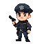 belarusian police officer at full height with the pistol in hands, pixel