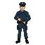 belarusian police officer at full height with the pistol in hands, pixel