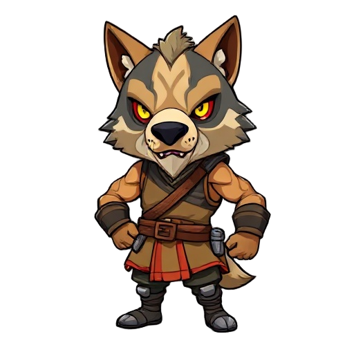 chibi character with a detailed kangal dog mask, short body with big head, thick muscular arms, cute yet strong look. wearing sleeveless warrior vest, small legs, dynamic pose, anime style, vibrant colors, adorable but powerful.