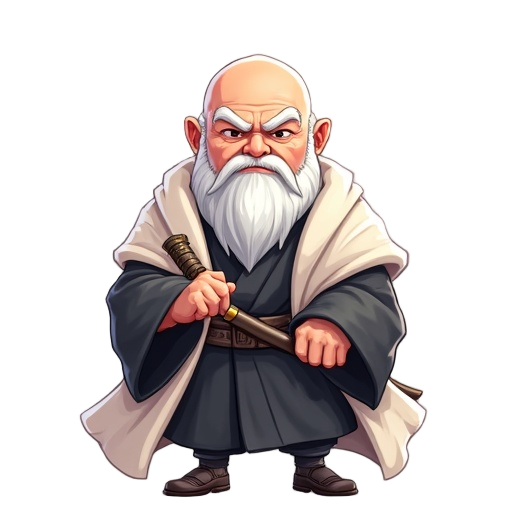 chibi-style illustration of a powerful elderly warrior with a bald head, long flowing white beard and thick white eyebrows, deep-set stern eyes, muscular build despite old age, wearing a traditional black kimono with wide sleeves and a white overcoat drap
