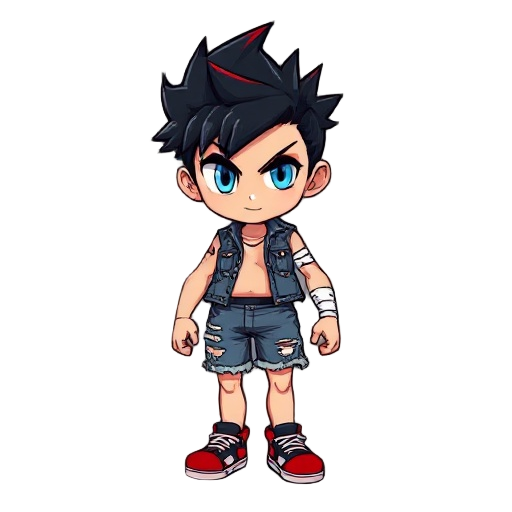 2d chibi boy with slightly smaller head, thicker arms and legs. spiky black hair with red tips, icy blue eyes. vertical scar over right eye. wears torn denim vest, ripped jean shorts, red-black-white sneakers. bandage on right leg. bold, cute stance