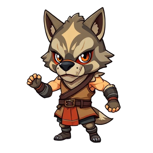 chibi character with a detailed kangal dog mask, short body with big head, thick muscular arms, cute yet strong look. wearing sleeveless warrior vest, small legs, dynamic pose, anime style, vibrant colors, adorable but powerful.