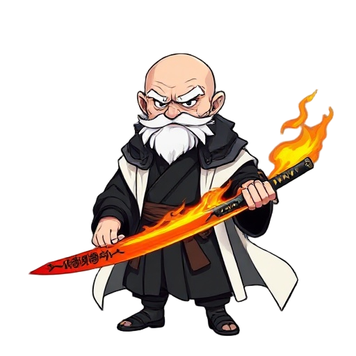 chibi-style elderly warrior with bald head, long white beard, thick white eyebrows, stern eyes, muscular build. wears a black kimono and white overcoat draped over shoulders. holds a flaming katana with ancient runes. anime cel shading, clean lines