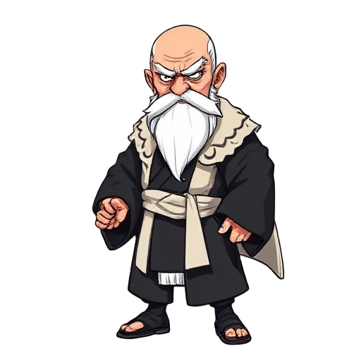 chibi-style illustration of a powerful elderly warrior with a bald head, long flowing white beard and thick white eyebrows, deep-set stern eyes, muscular build despite old age, wearing a traditional black kimono with wide sleeves and a white overcoat drap