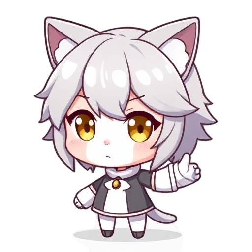 chibi girl with fluffy gray hair, white face stripe from nose to chest, golden-green eyes, one white sleeve and one gray sleeve with white glove. cat-like ears, pink nose, calm yet curious expression, asymmetrical forearm design.