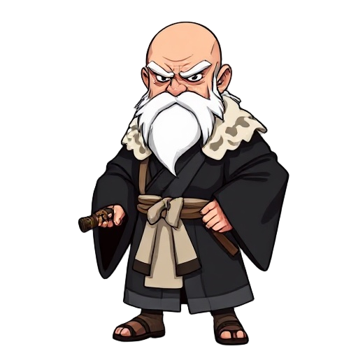chibi-style illustration of a powerful elderly warrior with a bald head, long flowing white beard and thick white eyebrows, deep-set stern eyes, muscular build despite old age, wearing a traditional black kimono with wide sleeves and a white overcoat drap