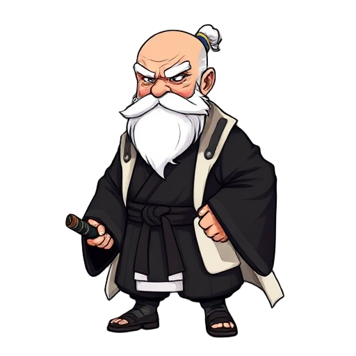 chibi-style illustration of a powerful elderly warrior with a bald head, long flowing white beard and thick white eyebrows, deep-set stern eyes, muscular build despite old age, wearing a traditional black kimono with wide sleeves and a white overcoat drap