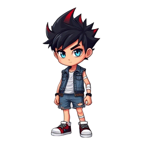 2d chibi boy with spiky black hair fading to red tips, icy blue eyes. wears torn denim vest, ripped jean shorts, red-black-white sneakers. right leg has visible bandage. 
