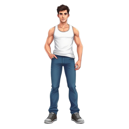 a man with blue jeans and white tank top