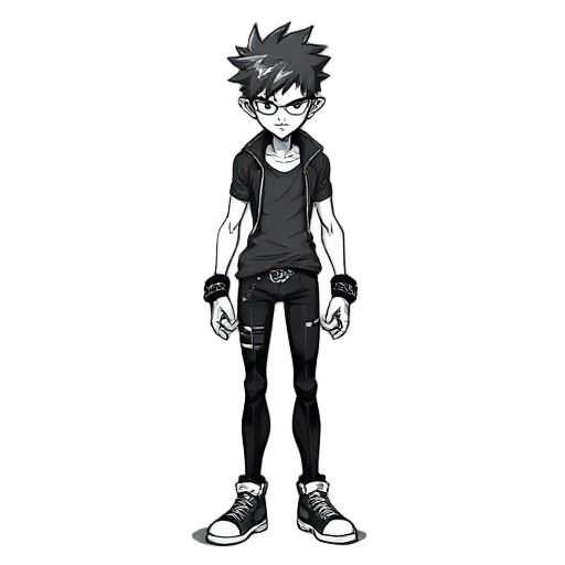 black and white etched style punk character with tight clothing and slender