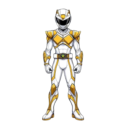 power ranger like full body character, space sci-fi, white and gold suit, manga-anime style.
