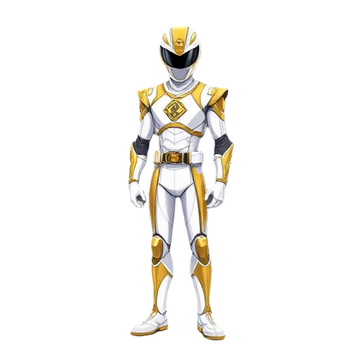power ranger like full body character, space sci-fi, white and gold suit.