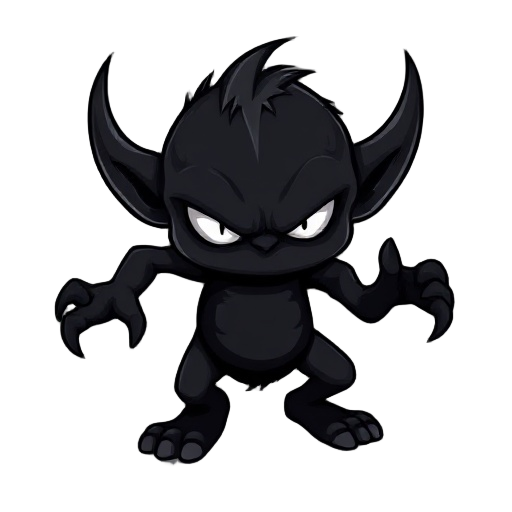 make a dark monster using only the color black for its body and white for his eyes, the monster must be a small goblin in position for running