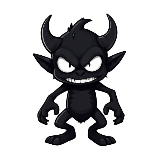 make a dark monster using only the color black for its body and white for his eyes, the monster must be a small goblin in position for running