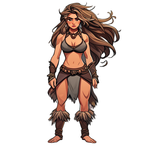a beautiful barbarian woman with a strong, athletic build, wild flowing hair, and sharp, striking features — exuding both raw strength and natural allure.