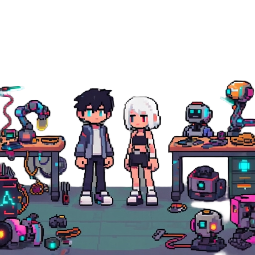 pixel art video game cover. a cyberpunk robot repair workshop interior. a young man with dark hair and a young woman with white hair stand in the center of the workshop. behind them are worktables filled with dismantled humanoid robots, mechanical parts, 